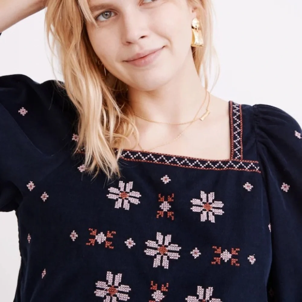 MADEWELL Embroidered Velvet Square Neck Corduroy Button-Back Peplum Boho Top